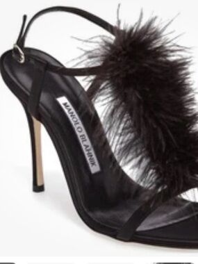Manolo Blahnik Black Ostrich Feather Ankle-Strap Slide heels